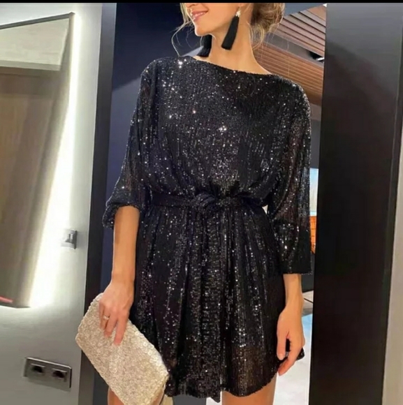 Dresses & Skirts - Elegant Solid Sequin Black Dress